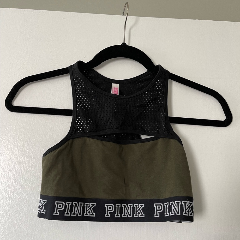 Victoria’s Secret pink sports bra - green with front and back cut outs